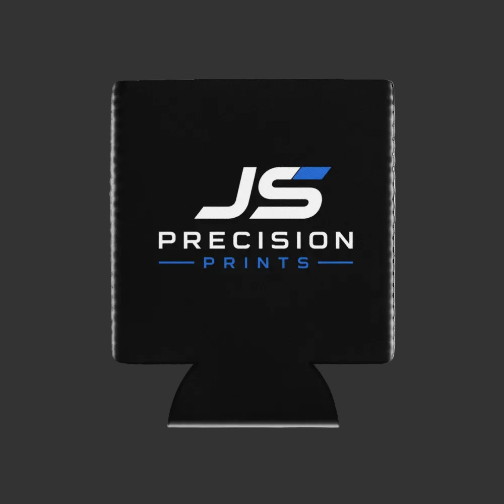Black can cooler with JS Precision Prints logo on a white background