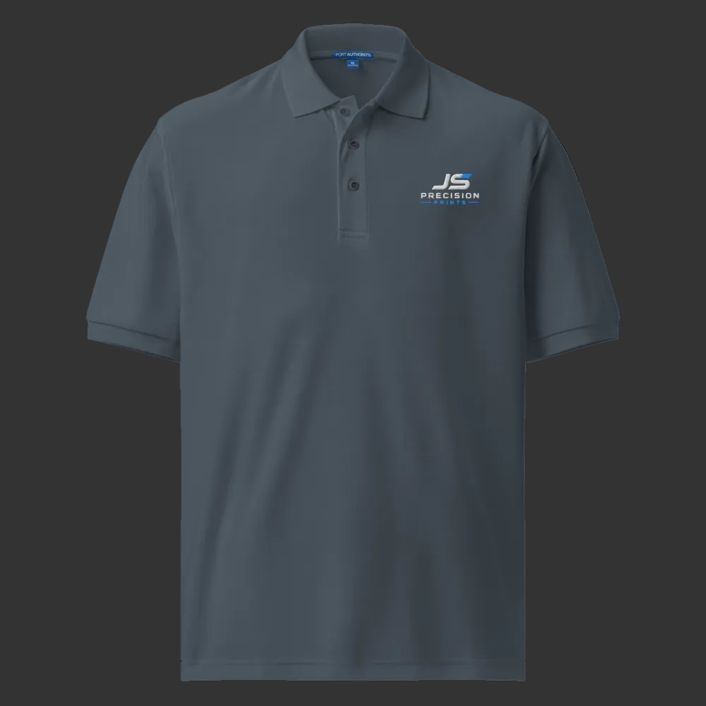 Dark gray polo shirt with a logo on the chest against a white background
